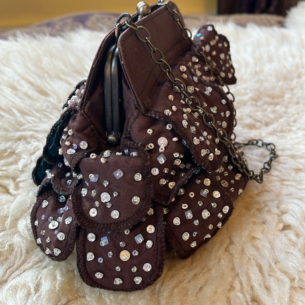 Vintage Gap Brown & Teal wristlet w/sequins & beads gold/brass frame clasp - Picture 4 of 17
